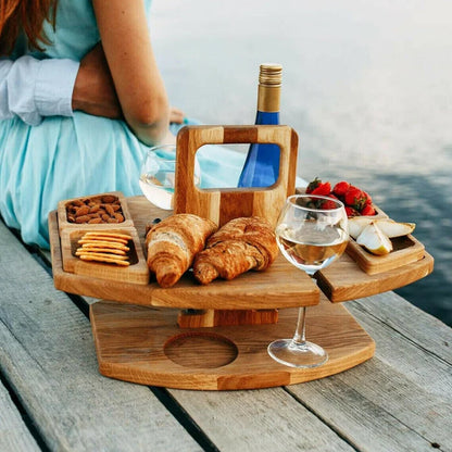 Holz-Picknicktisch mit Weinflaschenhalter | Tragbares Serviertablett mit 4 Snackfächern und 2 Glashalterungen