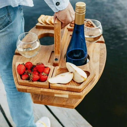 Holz-Picknicktisch mit Weinflaschenhalter | Tragbares Serviertablett mit 4 Snackfächern und 2 Glashalterungen