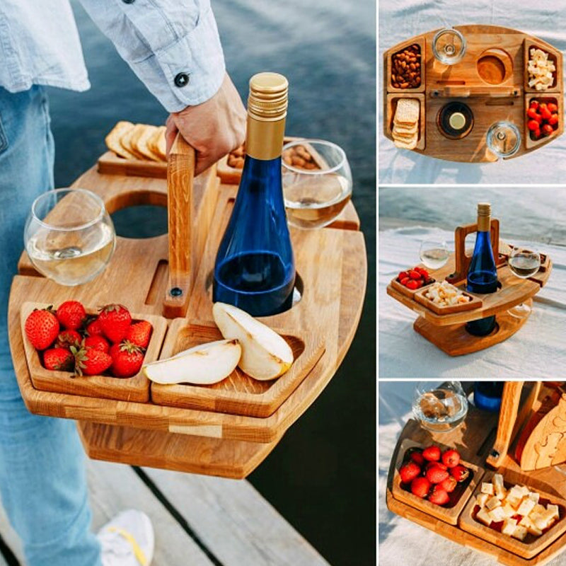 Holz-Picknicktisch mit Weinflaschenhalter | Tragbares Serviertablett mit 4 Snackfächern und 2 Glashalterungen