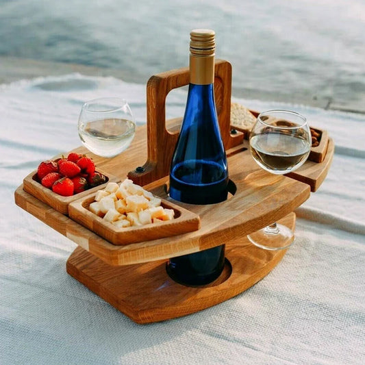 Holz-Picknicktisch mit Weinflaschenhalter | Tragbares Serviertablett mit 4 Snackfächern und 2 Glashalterungen