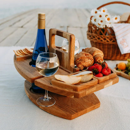Holz-Picknicktisch mit Weinflaschenhalter | Tragbares Serviertablett mit 4 Snackfächern und 2 Glashalterungen