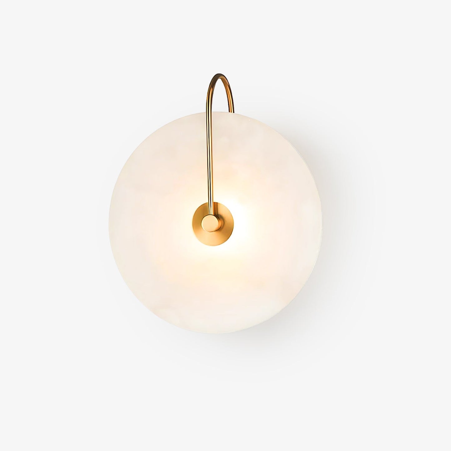 Wandlampe mit Alabasterscheibe und Metallarm | Runde Wandleuchte mit LED-Licht