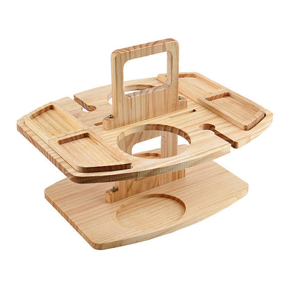 Holz-Picknicktisch mit Weinflaschenhalter | Tragbares Serviertablett mit 4 Snackfächern und 2 Glashalterungen