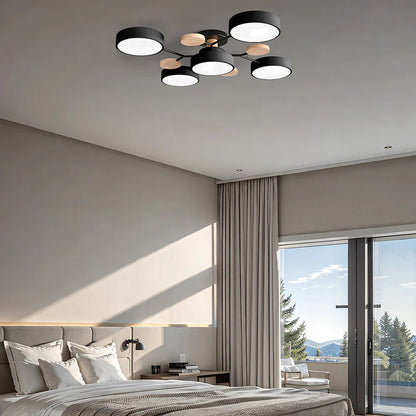 LED-Mehrflammige Deckenleuchte mit Holzdetails | Metallgestell mit runden Leuchtenköpfen